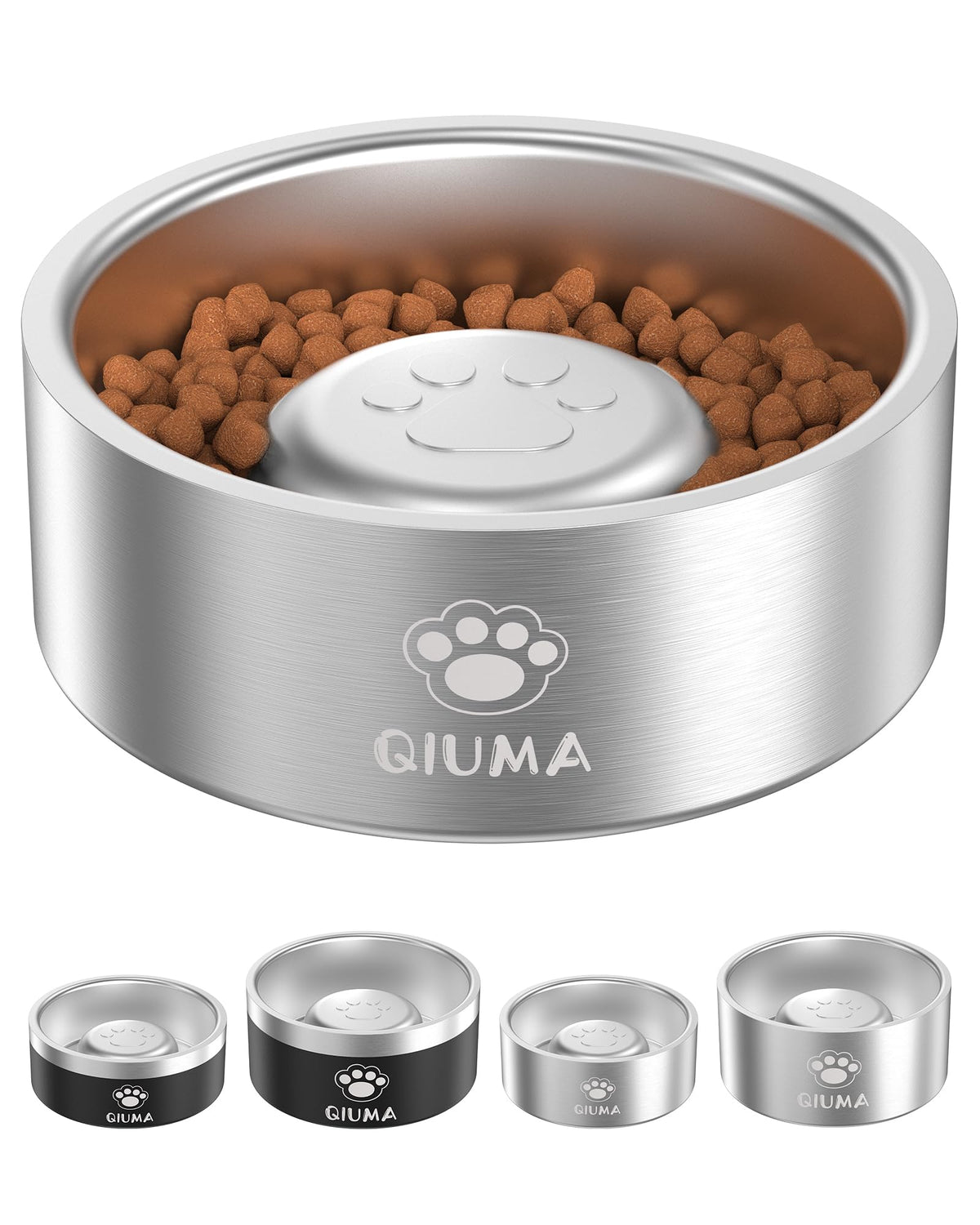 Qiuma Slow Feeder Dog Bowls Stainless Steel, Food-Grade 304 Dog Slow Feeder Bowl 2 Cups Capacity, Heavy Duty Double-Layer with Non-Slip Base, Pet Puzzle Bowl for Small & Medium Dogs (Silver)