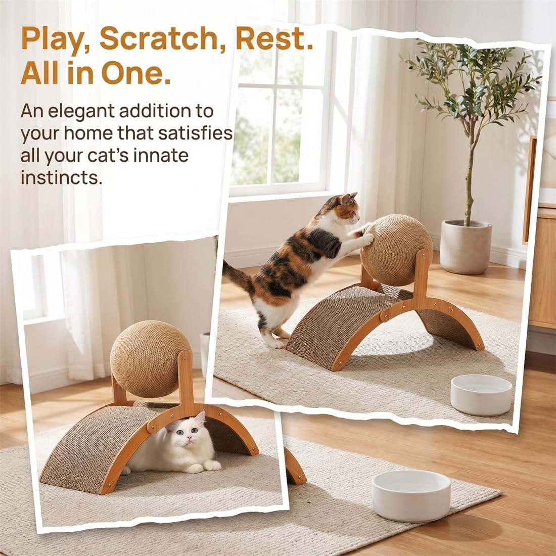 Interactive Cat Scratching Ball on Stand, Wobble Ball Scratcher with Arch Bridge Design, Sisal Rope Scratch Board, Spinning Toy for Indoor Cats (S)
