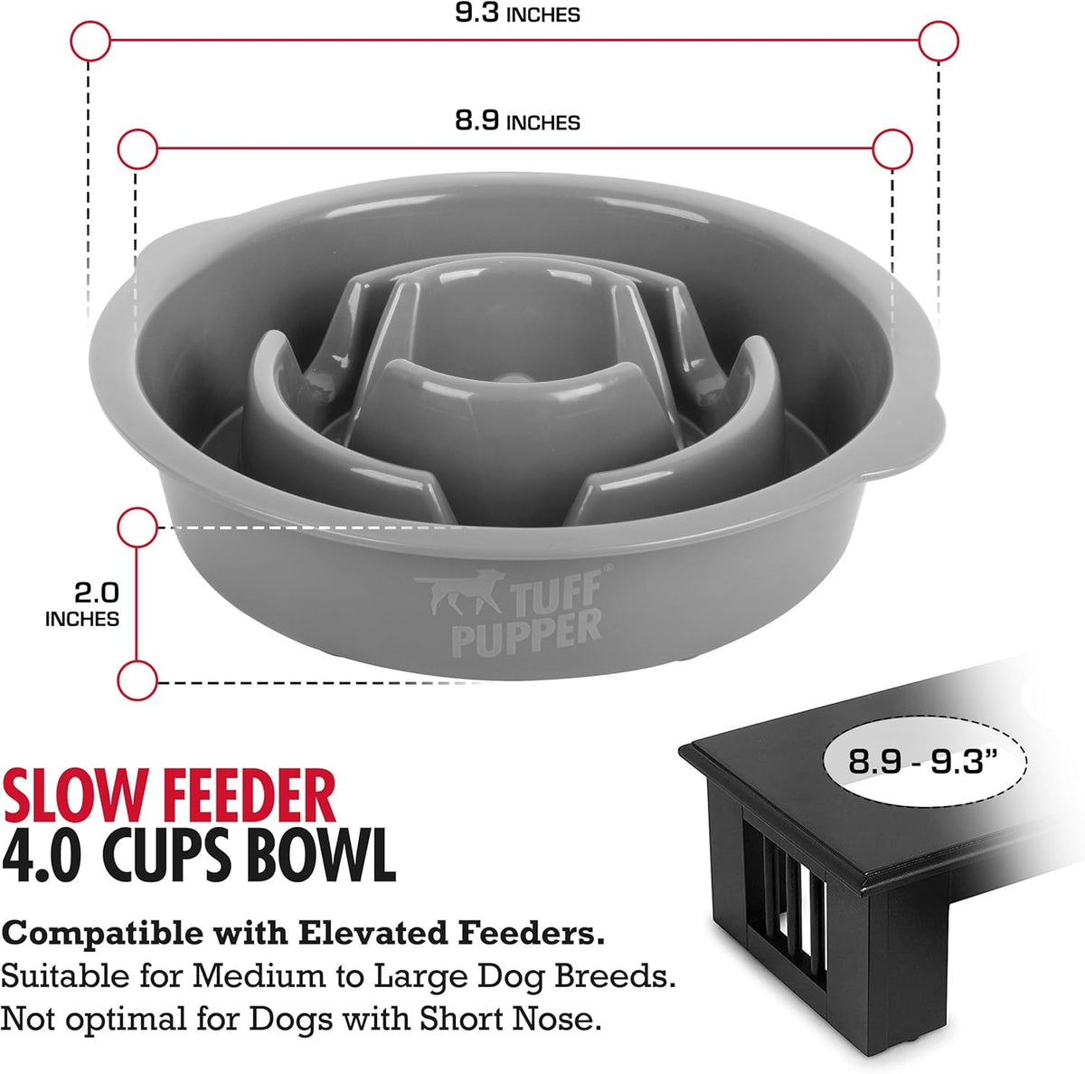 Tuff Pupper Slow Feeder Insert Bowl | Puzzle Maze Slows Down Eating | Elevated Feeder Tray Bowls | Standalone Dog Bowl | Pet Bowls Insert | Easy Clean Dishwasher Safe (4 Cups - Fits 8.9-9.3 Inch Hole)