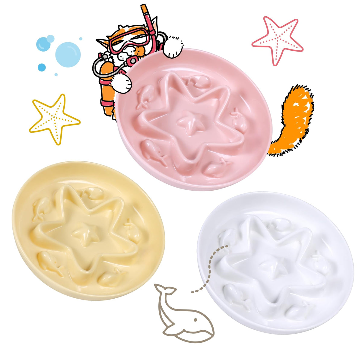 2 Pcs Cat Slow Feeder Bowl – Whisker Friendly Melamine Puzzle Feeding Cat Bowl for Slow Eating – Wet & Dry Food – Dishwasher Safe, Lightweight, Non-Slip (Buttercream + Coral Pink, 6.3'')