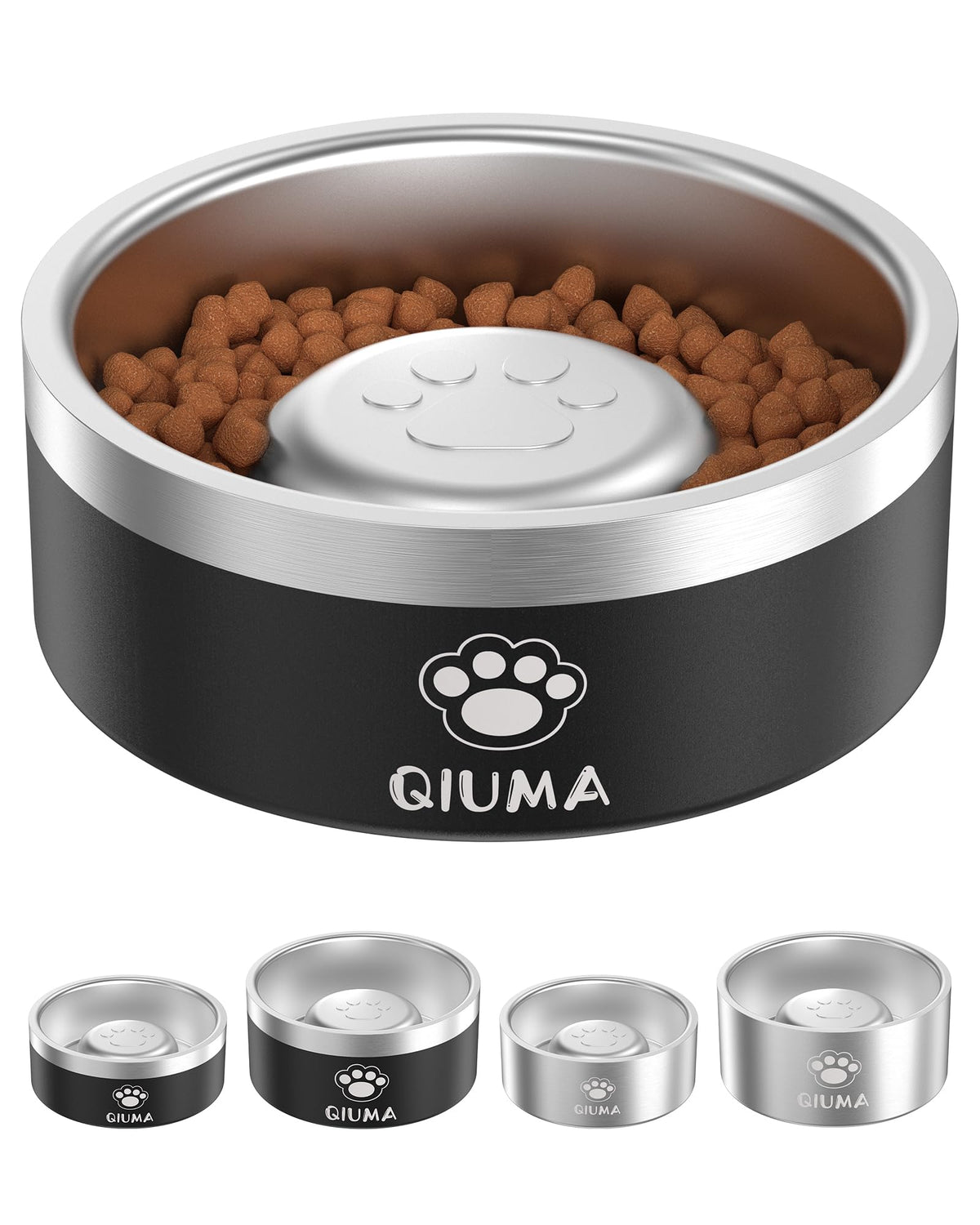 Qiuma Slow Feeder Dog Bowls Stainless Steel, Food-Grade 304 Dog Slow Feeder Bowl 2 Cups Capacity, Heavy Duty Double-Layer with Non-Slip Base, Pet Puzzle Bowl for Small & Medium Dogs (Silver)