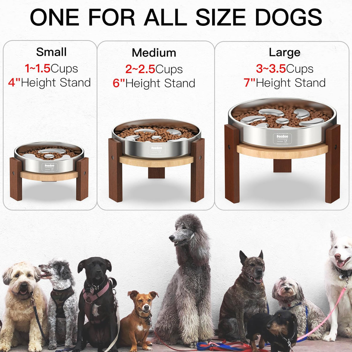 Feedoo Elevated Dog Bowl Stand, 6'' Height Raised Stand for Medium Dogs, Includes 2Cups Stainless Steel Slow Feeder Dog Bowl, Durable Solid Hardwood
