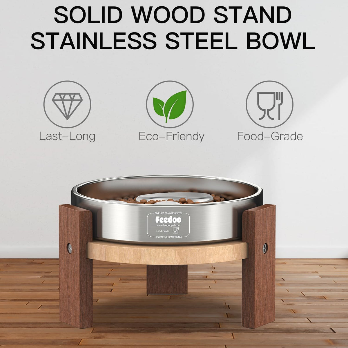 Feedoo Elevated Dog Bowl Stand, 6'' Height Raised Stand for Medium Dogs, Includes 2Cups Stainless Steel Slow Feeder Dog Bowl, Durable Solid Hardwood