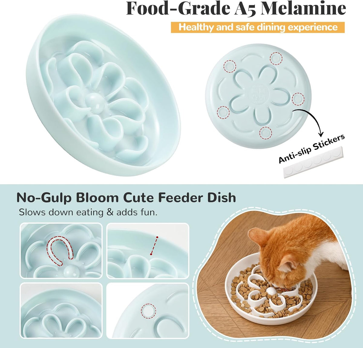 Melamine Cat Slow Feeder Bowl - Floral Maze Cat Food Dish - Flat Plate for Dry & Wet Food - Cute Kitten Bowl - Dishwasher Safe - 6.3'' W x 1'' H - 5.5 oz (160g) - Green