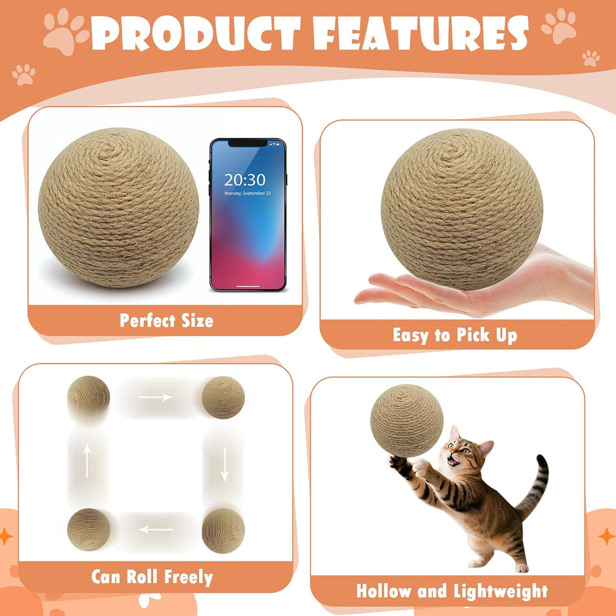 Sisal Cat Ball Toy, Large 6.3 inch Interactive Natural Cat Scratching Ball, Perfect Scratcher for Cats' Exercise and Fun