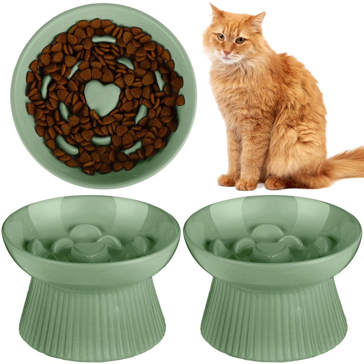 Tioncy 2 Pcs Ceramic Elevated Slow Feeder Cat Bowl, Dark Green
