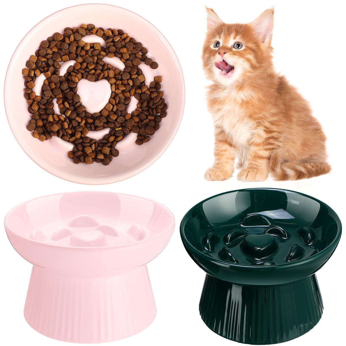 Tioncy 2 Pcs Ceramic Elevated Slow Feeder Cat Bowl, Dark Green
