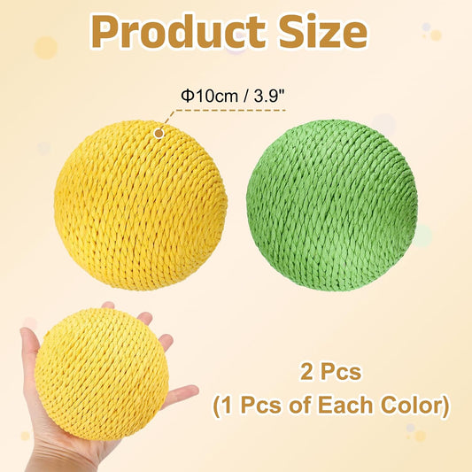 Cat Toy Ball, Interactive Natural Cat Scratching Balls Sisal Cat Ball Toy (Sisal, 2Pcs, 3.9Inch, Lemon Yellow/Green) for Kittens Pet Enrichment Training Play Indoor Exercise Fun