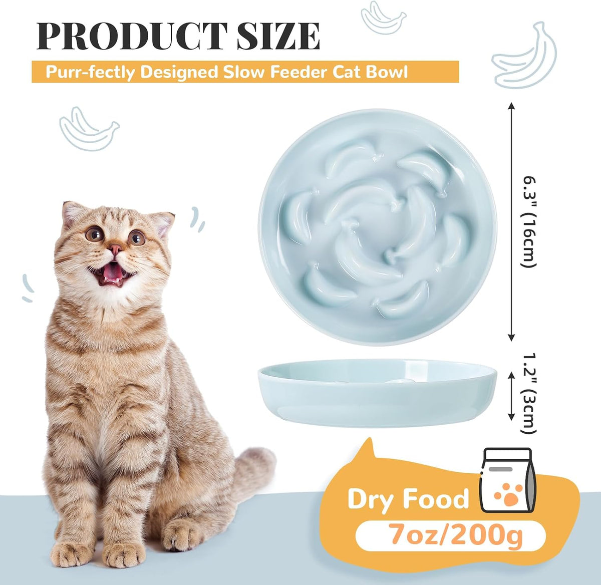 Melamine Slow Feeder Cat Bowls - 3 Pack Cat Food Dishes, 6.3 Inch Wide Opening Whisker Friendly Maze Plates for Dry and Wet Food, Dishwasher Safe, White, Blue, Green