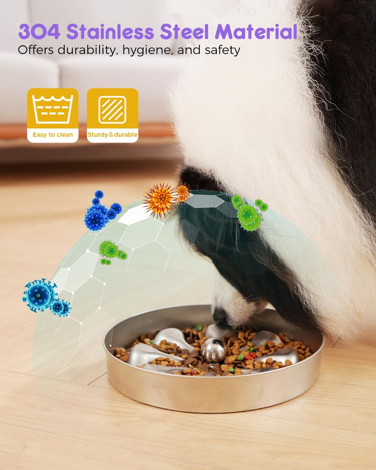 Slow Feeder Dog Bowls – Stainless Steel Non-Slip Metal Bowl for Slow Feeding, 5 Cups Large Capacity, Double-Sided Design for Dry, Wet, or Raw Food, Ideal for Small, Medium, Large Dogs