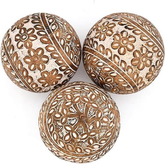 Decorative Balls Set of 3 Mango Wood Handmade Intricately Carved Ball with Floral Patterns (3" x 3"x 3")