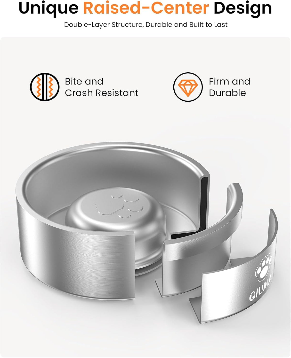 Qiuma Slow Feeder Dog Bowls Stainless Steel, Food-Grade 304 Dog Slow Feeder Bowl 2 Cups Capacity, Heavy Duty Double-Layer with Non-Slip Base, Pet Puzzle Bowl for Small & Medium Dogs (Silver)