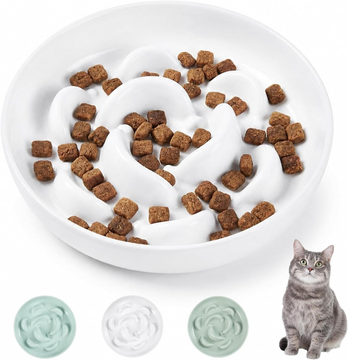 Melamine Cat Slow Feeder Bowl - Pastel Series Cat Plate for Dry and Wet Food - Cute Maze Feeder Dish for Healthy Eating - Dishwasher Safe - 6.3''W x 1.2''H - 7 OZ - Ivory White