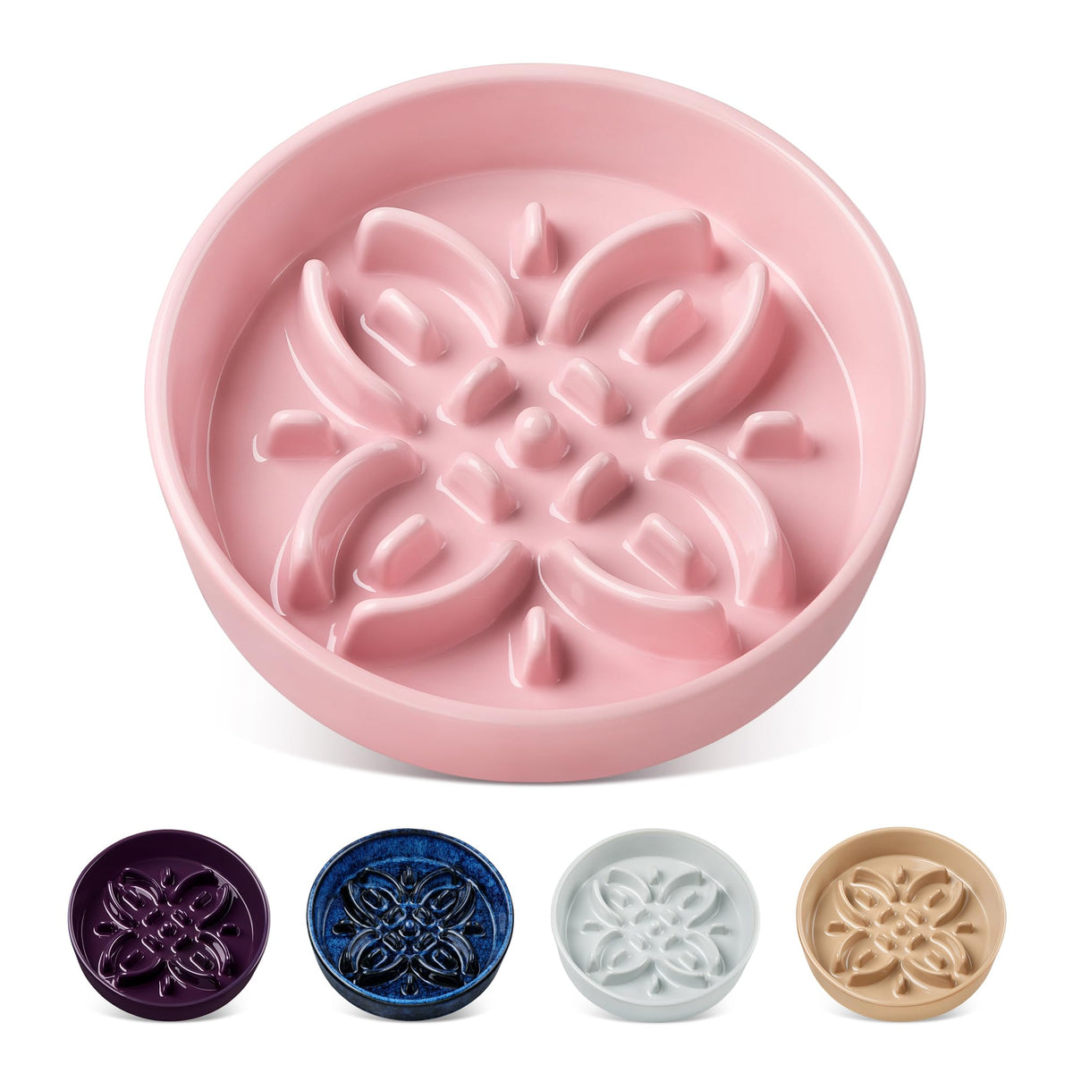 vancasso Ceramic Slow Feeder Dog Bowls, Puzzle Dog Food Bowls with Floral Maze, Anti -Slip Pet Food Dish for Small Breed, 0.6 Cups, Pink