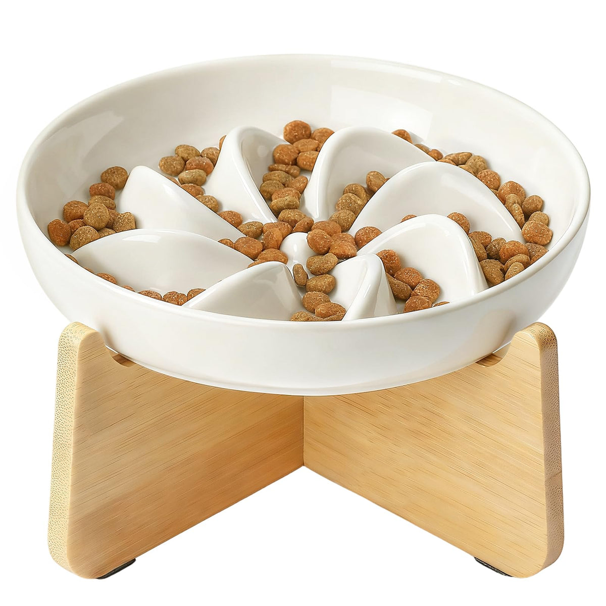 PETTOM Slow Feeder Cat Bowl Elevated Ceramic with Bamboo Stand, White Fish