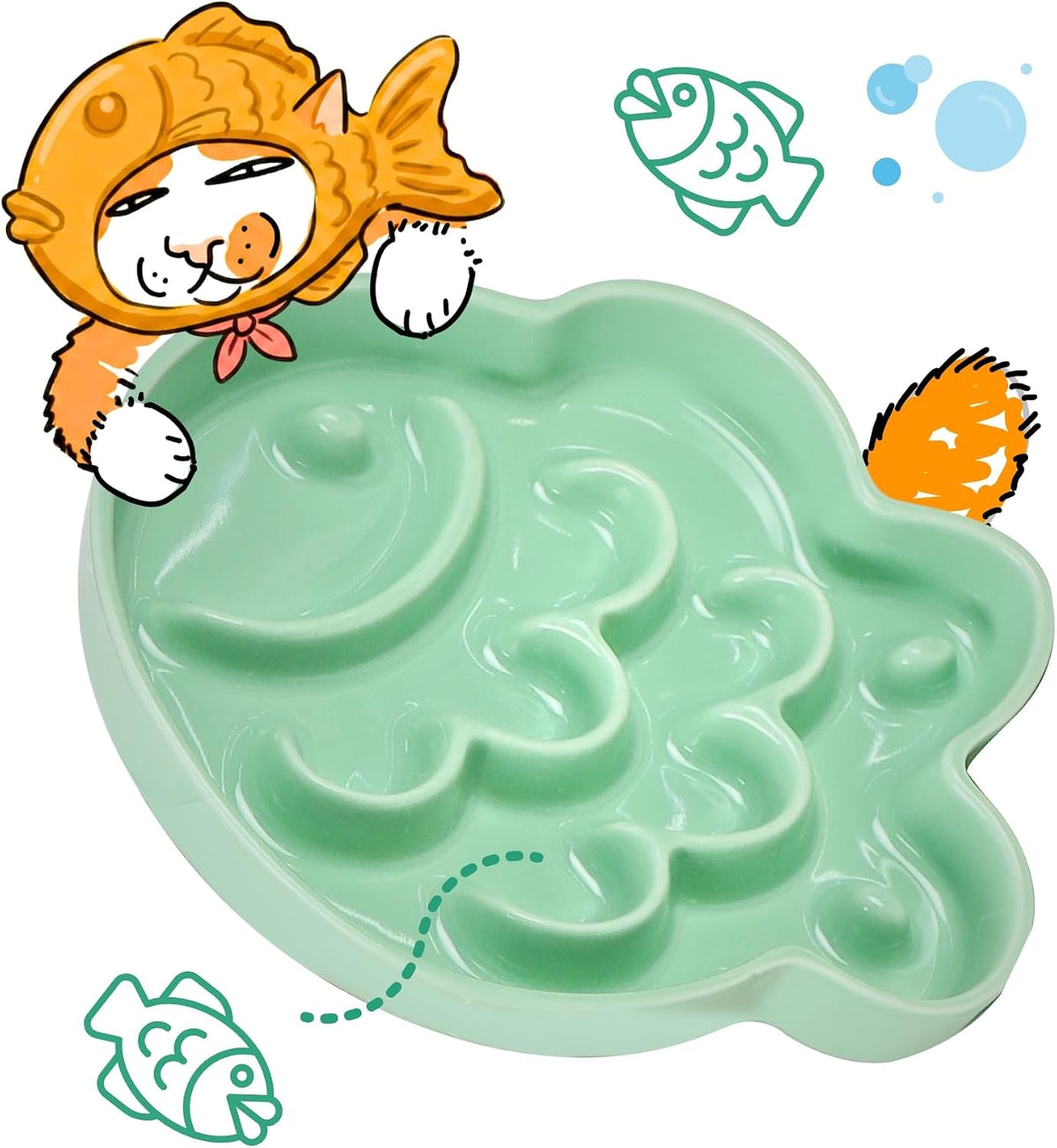 Ceramic Cat Slow Feeder Bowl, Shallow Whisker Friendly Cat Plate for Dry and Wet Food, Puzzle Feeder for Slow Eating, Helps Reduce Vomiting, Microwave & Dishwasher Safe(Green)