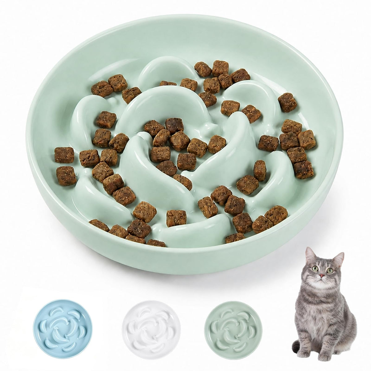 Melamine Cat Slow Feeder Bowl - Pastel Series Cat Plate for Dry and Wet Food - Cute Maze Feeder Dish for Healthy Eating - Dishwasher Safe - 6.3''W x 1.2''H - 7 OZ - Ivory White