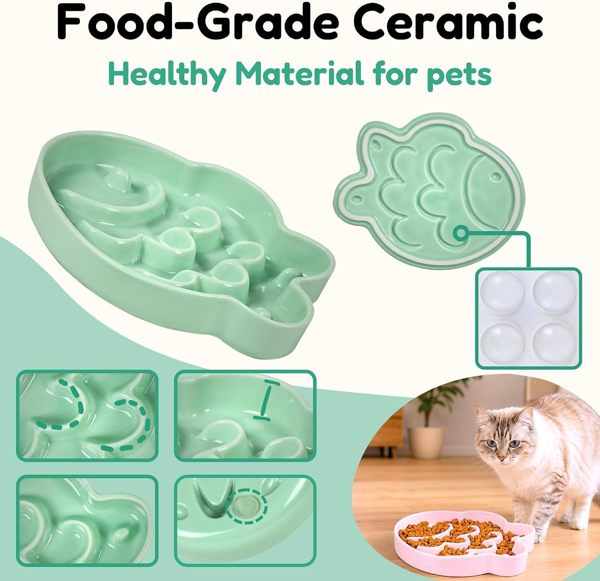 Ceramic Cat Slow Feeder Bowl, Shallow Whisker Friendly Cat Plate for Dry and Wet Food, Puzzle Feeder for Slow Eating, Helps Reduce Vomiting, Microwave & Dishwasher Safe(Green)