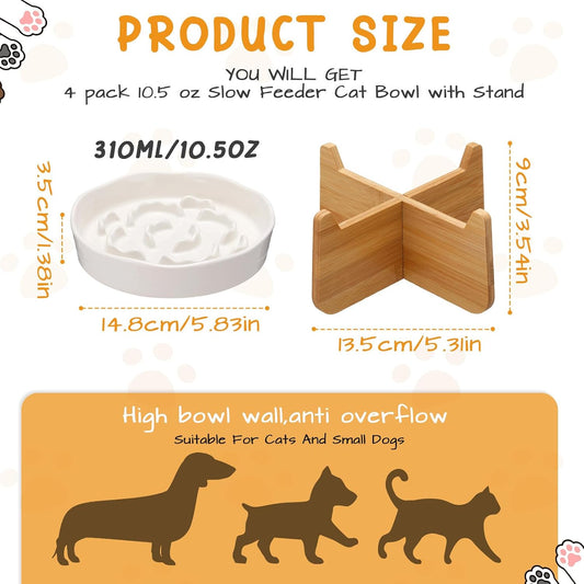 4 Set Raised Slow Feeder Cat Bowl with Stand,Flower Style,White