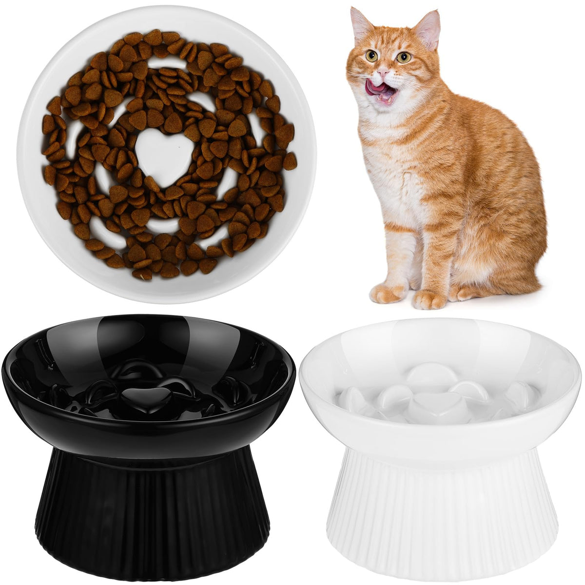 Tioncy 2 Pcs Ceramic Elevated Slow Feeder Cat Bowl, Dark Green