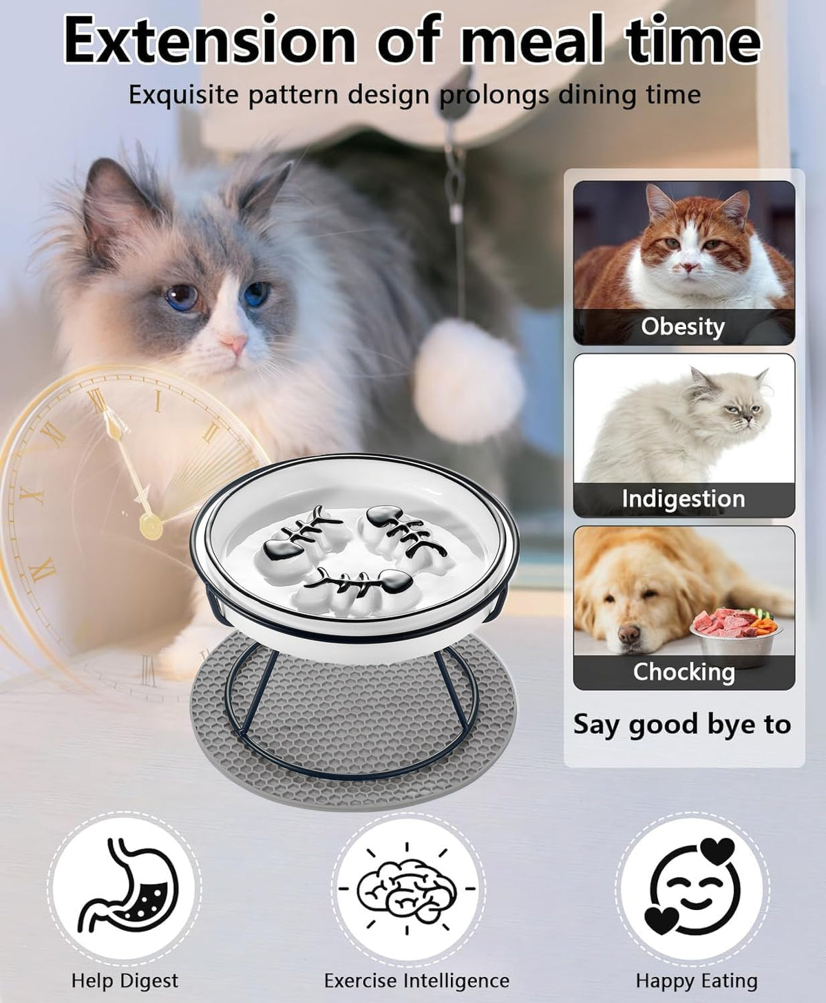 Ceramic Elevated Cat Bowls Set, Anti Vomit, Removable Dishes, Black 2-Pack