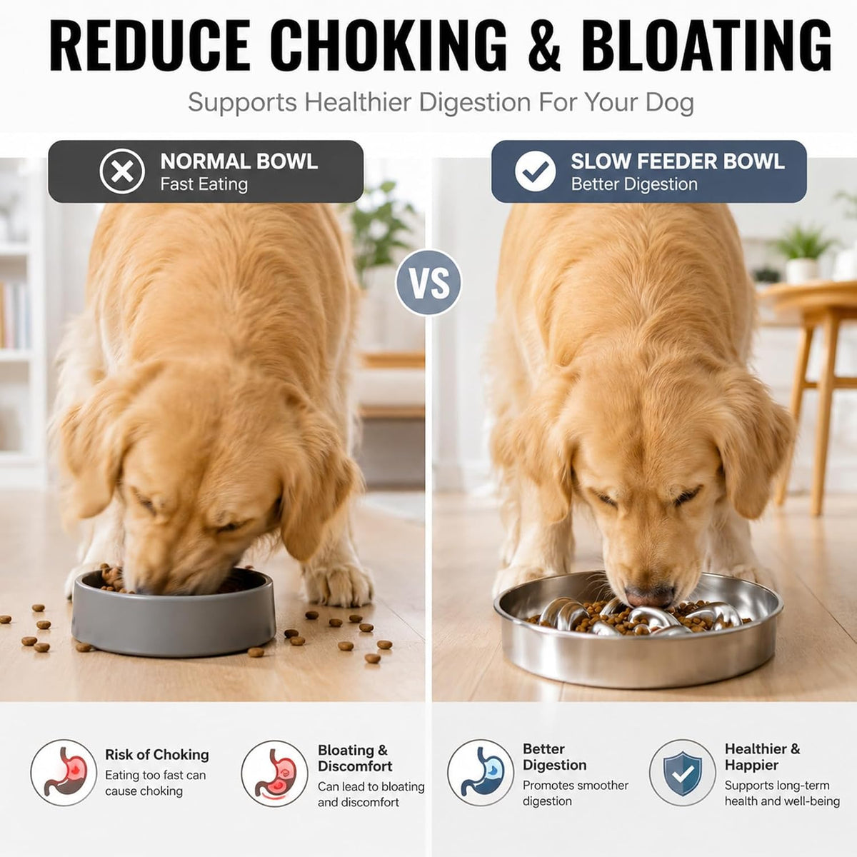 Slow Feeder Dog Bowl, 3 Cups Stainless Steel Non-Slip Slow Eating Dog Bowl, to Slow Down Eating & Digestive Health for Small Medium Dogs, Dishwasher Safe