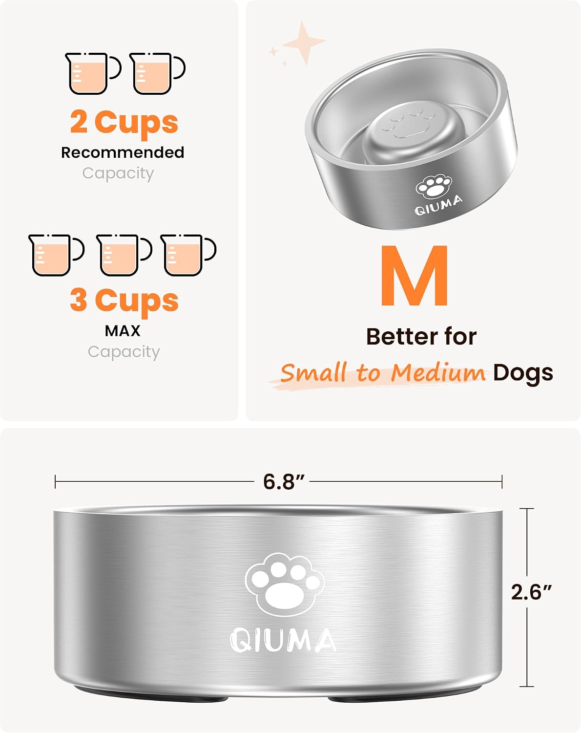 Qiuma Slow Feeder Dog Bowls Stainless Steel, Food-Grade 304 Dog Slow Feeder Bowl 2 Cups Capacity, Heavy Duty Double-Layer with Non-Slip Base, Pet Puzzle Bowl for Small & Medium Dogs (Silver)