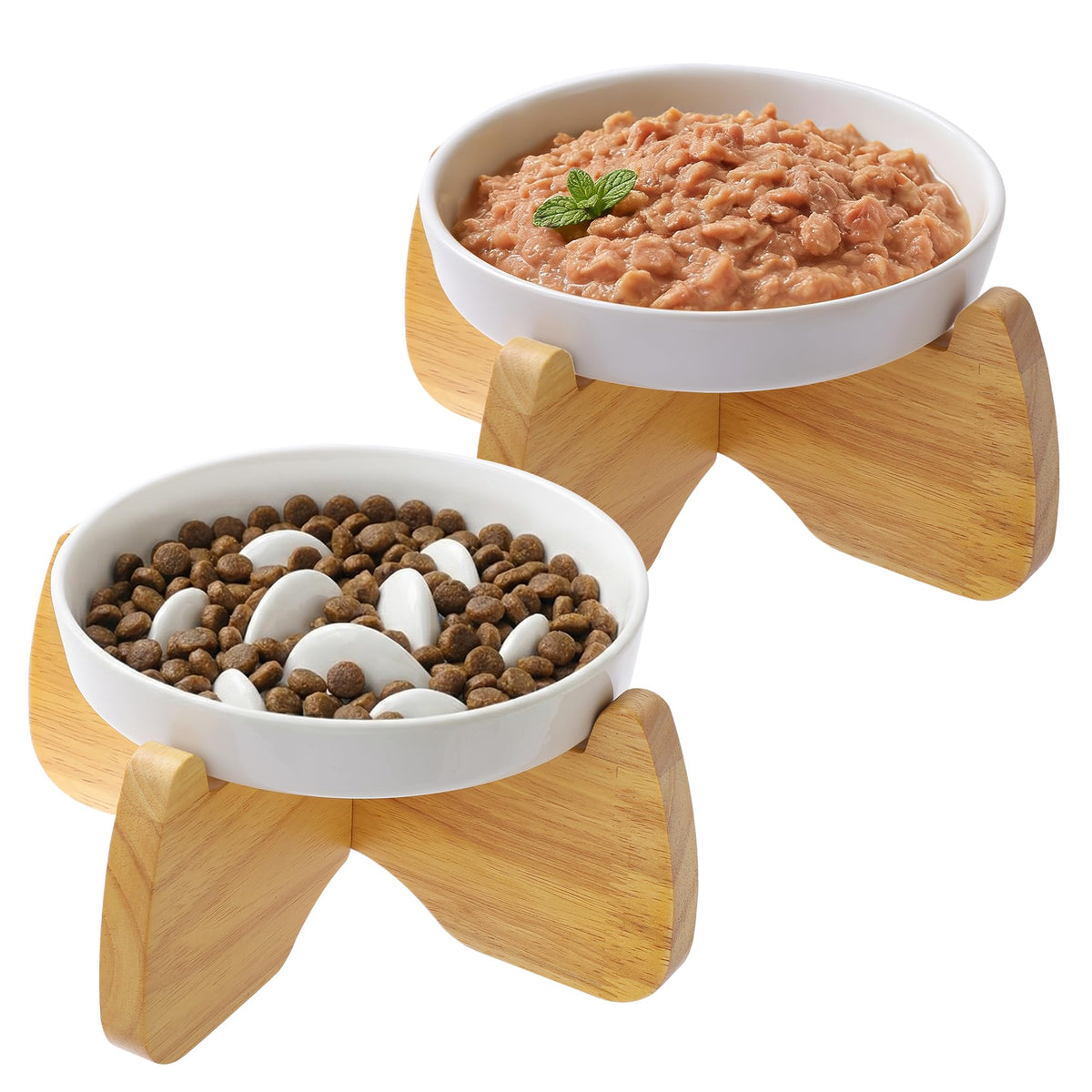 Ceramic Slow Feeder Cat Bowl 6.3" Wide (White)
