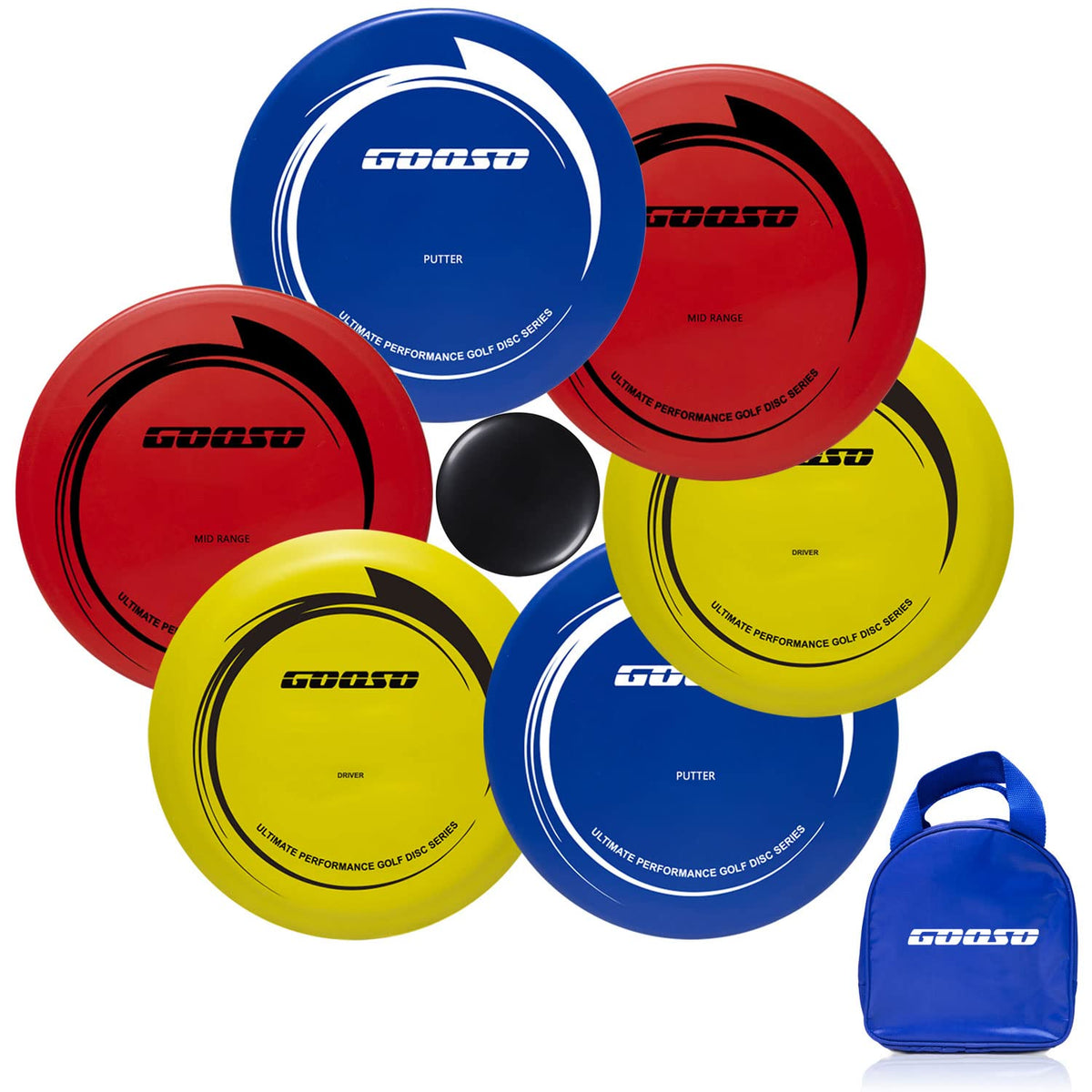 GOOSO Disc Golf Set - Driver, Mid-Range and Putter Discs with Disc Golf Bag for Outdoor and Backyard, Comfortable Plastic, 6 Pack
