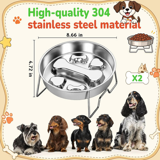 Vesici 2 Pcs Elevated Slow Feeder Dog Bowls with Stand 304 Stainless Steel