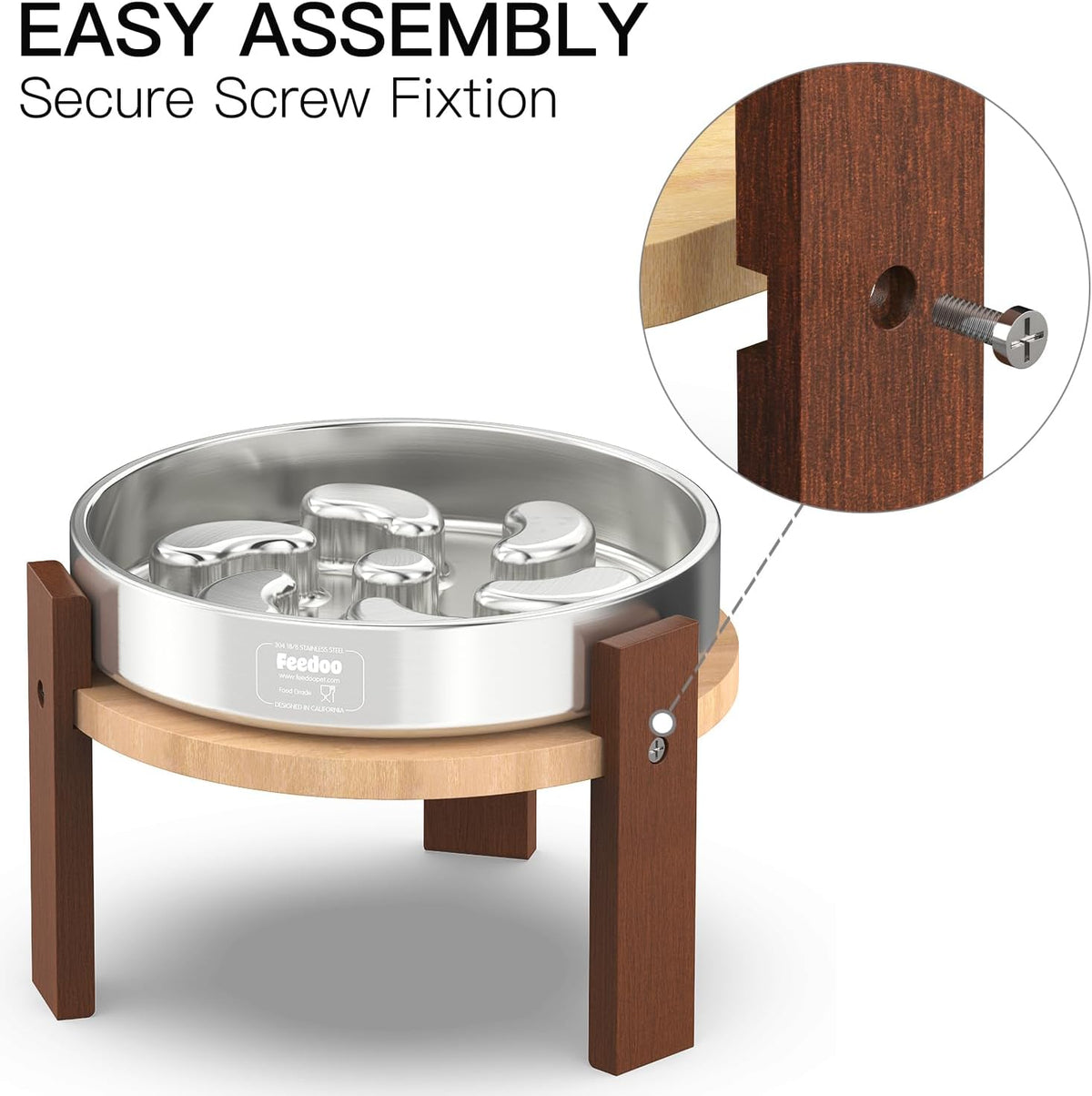 Feedoo Elevated Dog Bowl Stand, 6'' Height Raised Stand for Medium Dogs, Includes 2Cups Stainless Steel Slow Feeder Dog Bowl, Durable Solid Hardwood