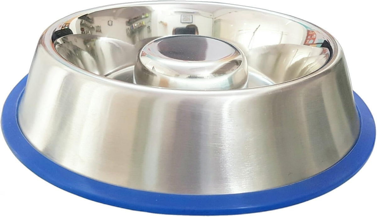 Mr. Peanut's Stainless Steel Interactive Slow Feed Dog Bowl with a Blue Base, Fun Healthy Bloat Stop Feeder (Large)
