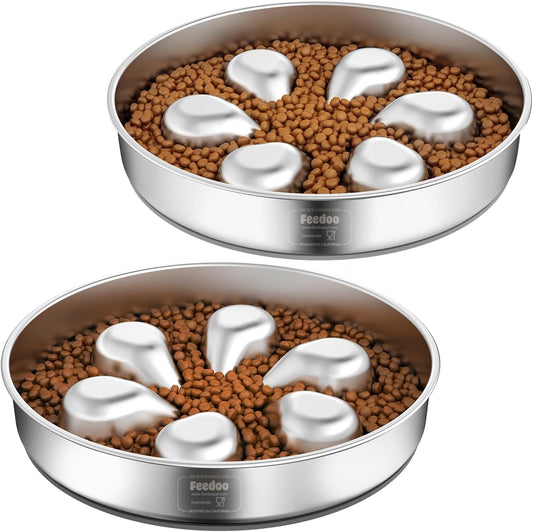 Feedoo Slow Feeder Dog Bowl 3.5-Cup, Food-Grade 304 Stainless Steel, 2-Pack