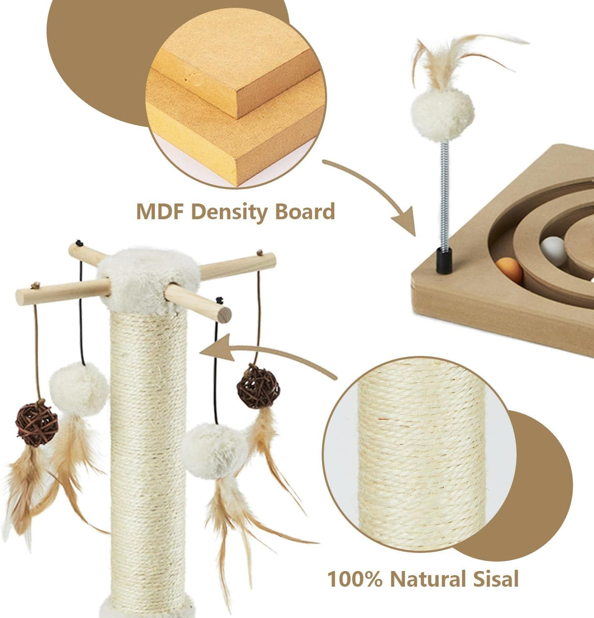 PEEKAB Cat Scratching Post Sisal Scratch Posts for Indoor Cats and Kittens,with Tracking Ball Interactive Toys and Hanging Balls 25 Inches Beige