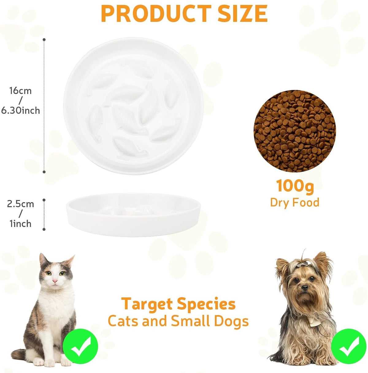 Ceramic Slow Feeder Cat Bowl 6.3" Wide (White)