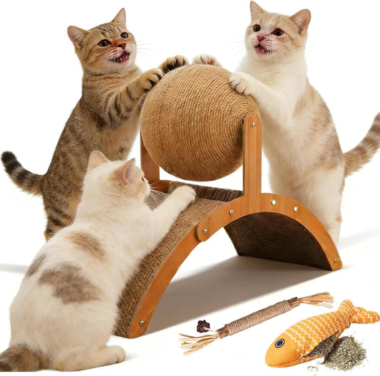 Cat Scratching Ball, Sisal Ball Cat Scratcher with Ball and Stable Wide-Base Arch Design, Dual-Surface Interactive Exercise Cat Scratch for Cats, Chinchillas, Hamsters, Rabbits，S: 14 x 10 x 6 inches