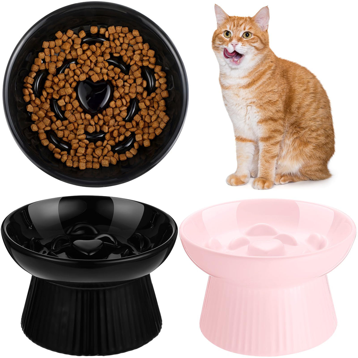 Tioncy 2 Pcs Ceramic Elevated Slow Feeder Cat Bowl, Dark Green