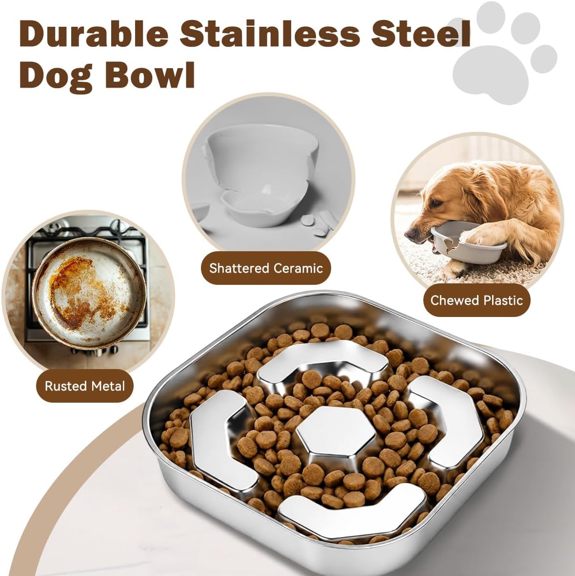 304 Stainless Steel Slow Feeder Dog Bowl, 2-4 Cups Puzzle Metal Pet Dishes