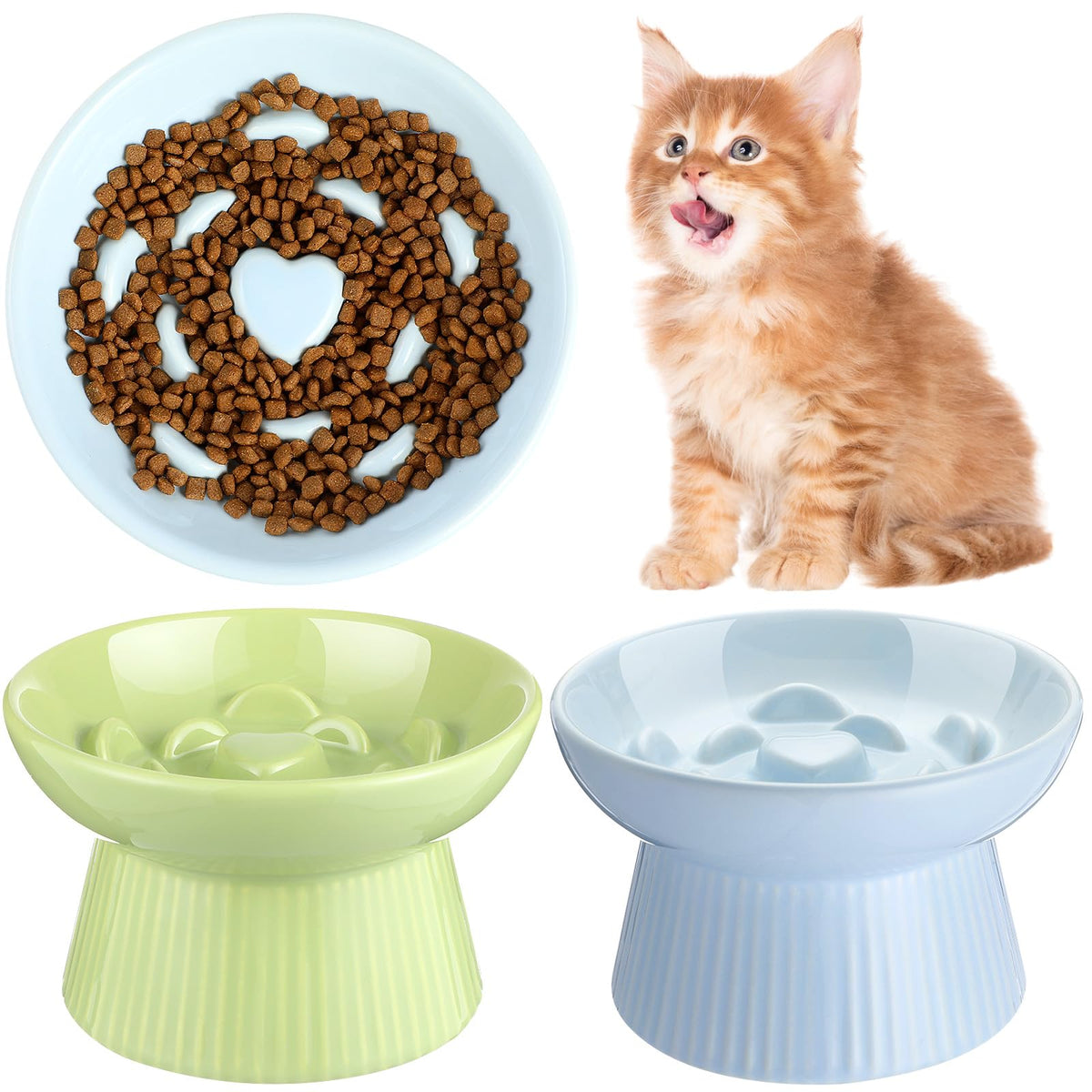 Tioncy 2 Pcs Ceramic Elevated Slow Feeder Cat Bowl, Dark Green