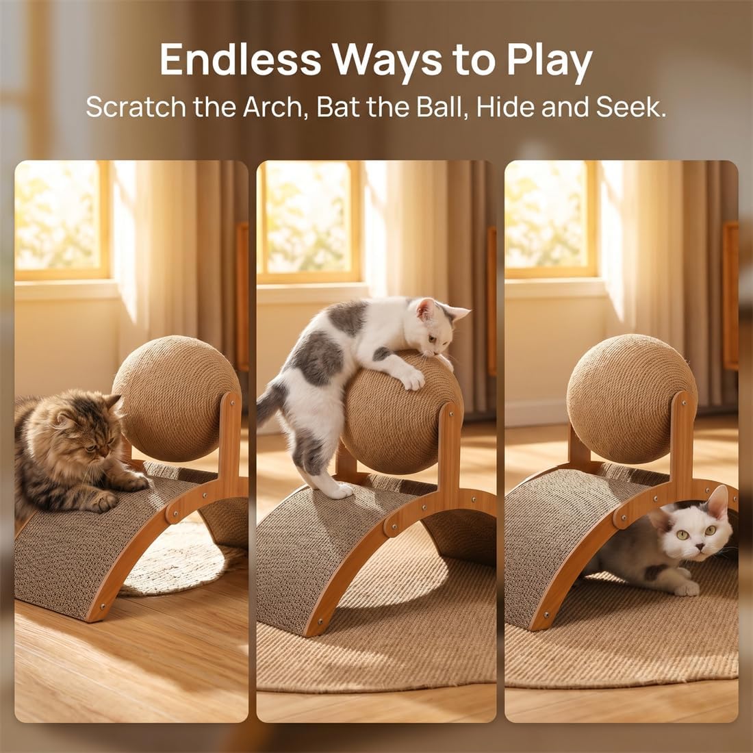 Interactive Cat Scratching Ball on Stand, Wobble Ball Scratcher with Arch Bridge Design, Sisal Rope Scratch Board, Spinning Toy for Indoor Cats (S)