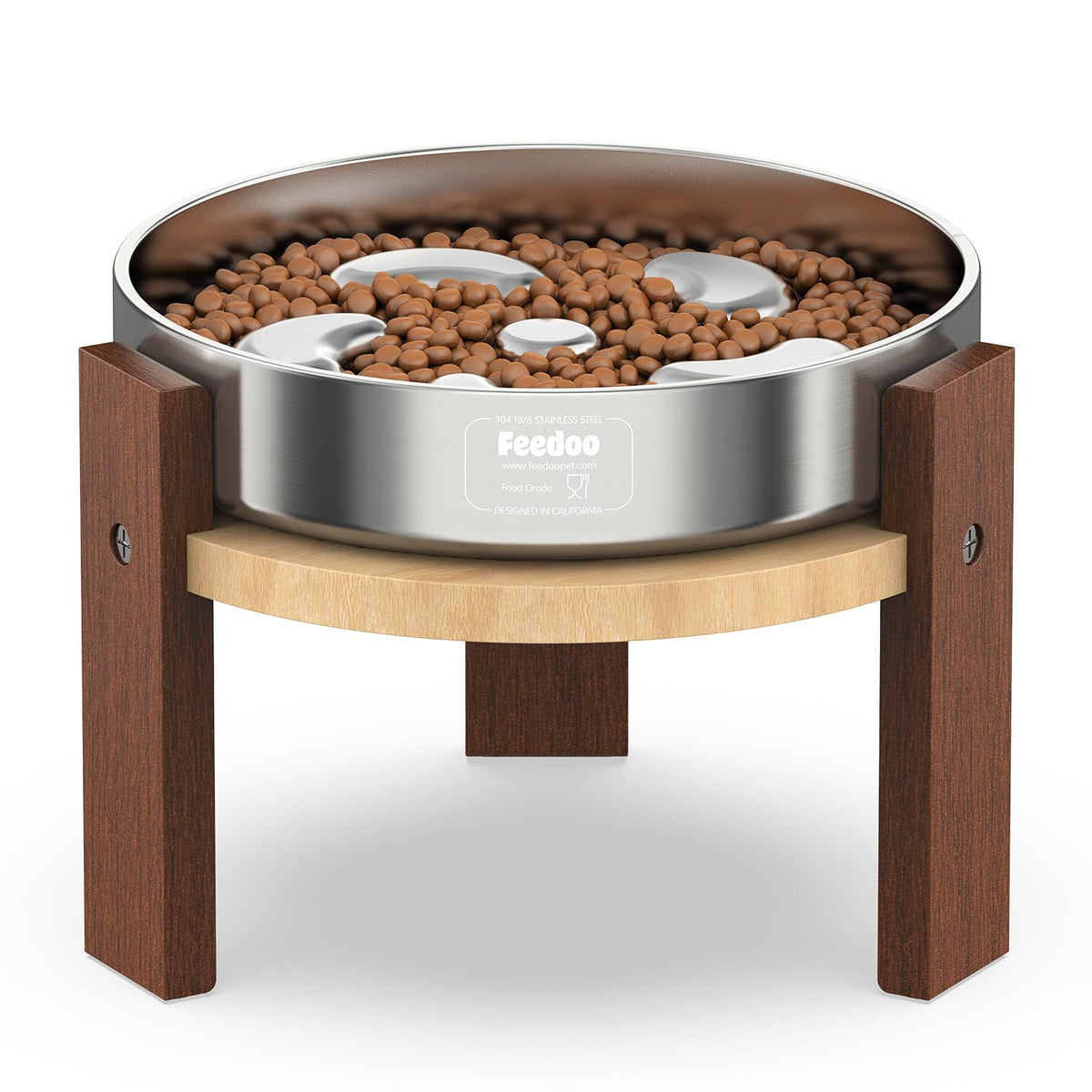 Feedoo Elevated Dog Bowl Stand, 6'' Height Raised Stand for Medium Dogs, Includes 2Cups Stainless Steel Slow Feeder Dog Bowl, Durable Solid Hardwood