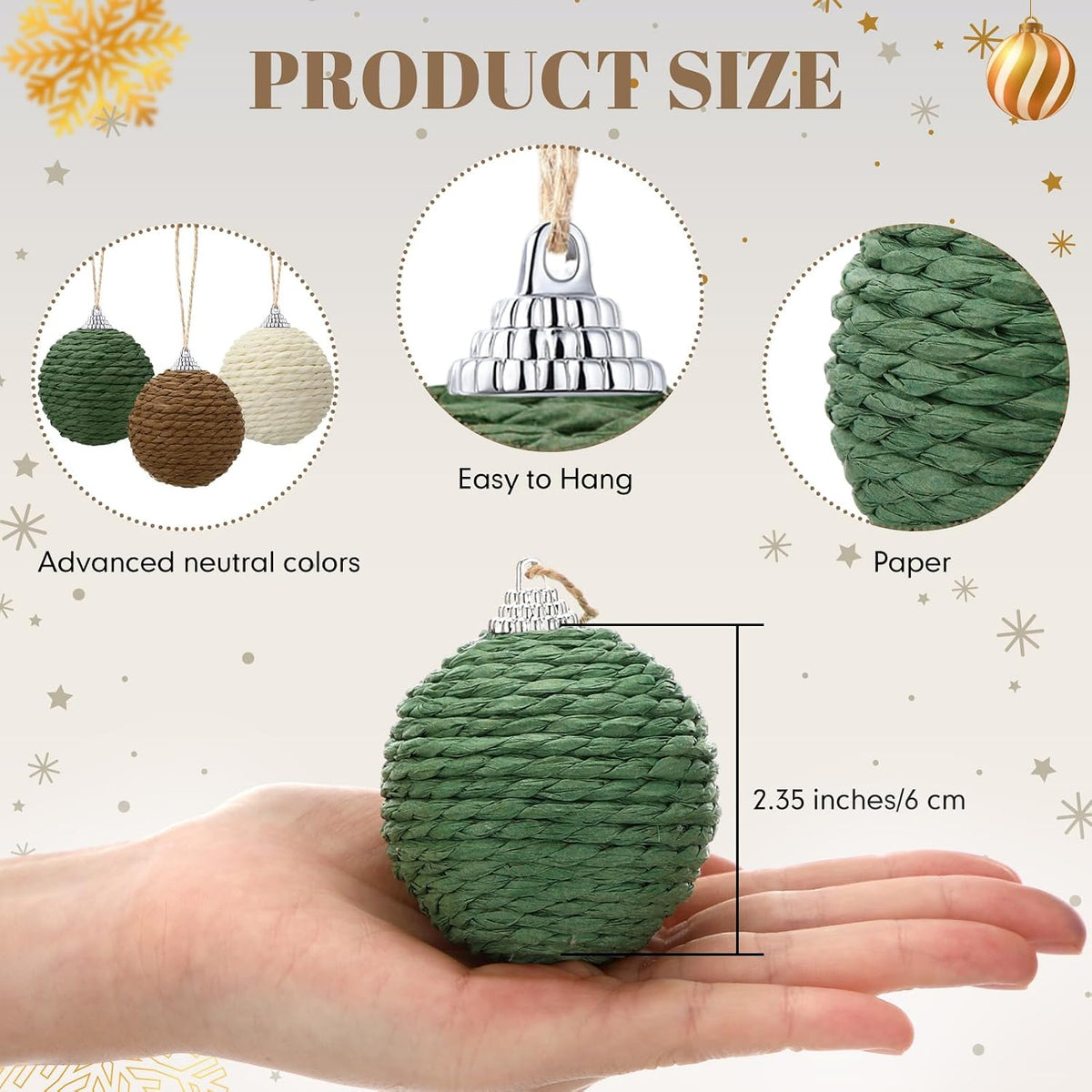 Soulchen 12 Pcs 2.36in Christmas Ball Decor, Beige,Green, Brown