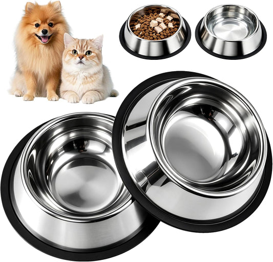 Steel Stainless Metal Cat Dog Pet Food Water Shallow Dish Bowl, 2Pcs
