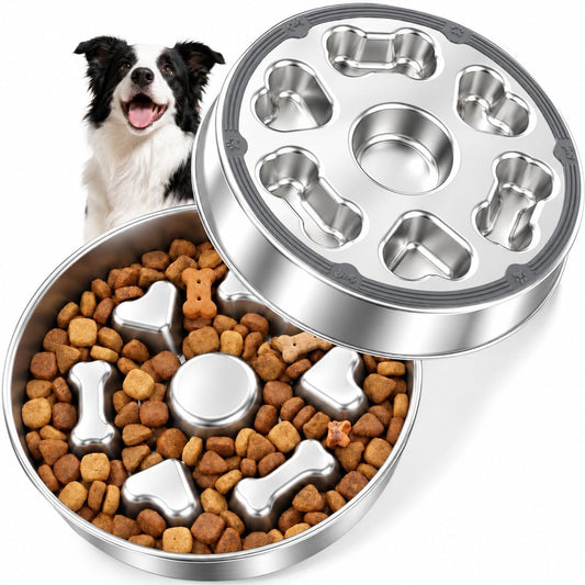2 Pcs 304 Stainless Steel Slow Feeder Dog Bowls with Non-Slip Base 2.5 Cups