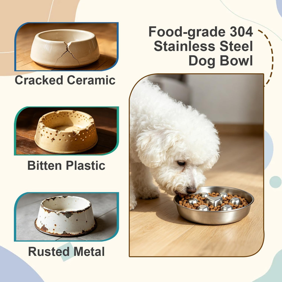 304 Stainless Steel Slow Feeder Dog Bowl with Cleaning Kit for Medium Dogs
