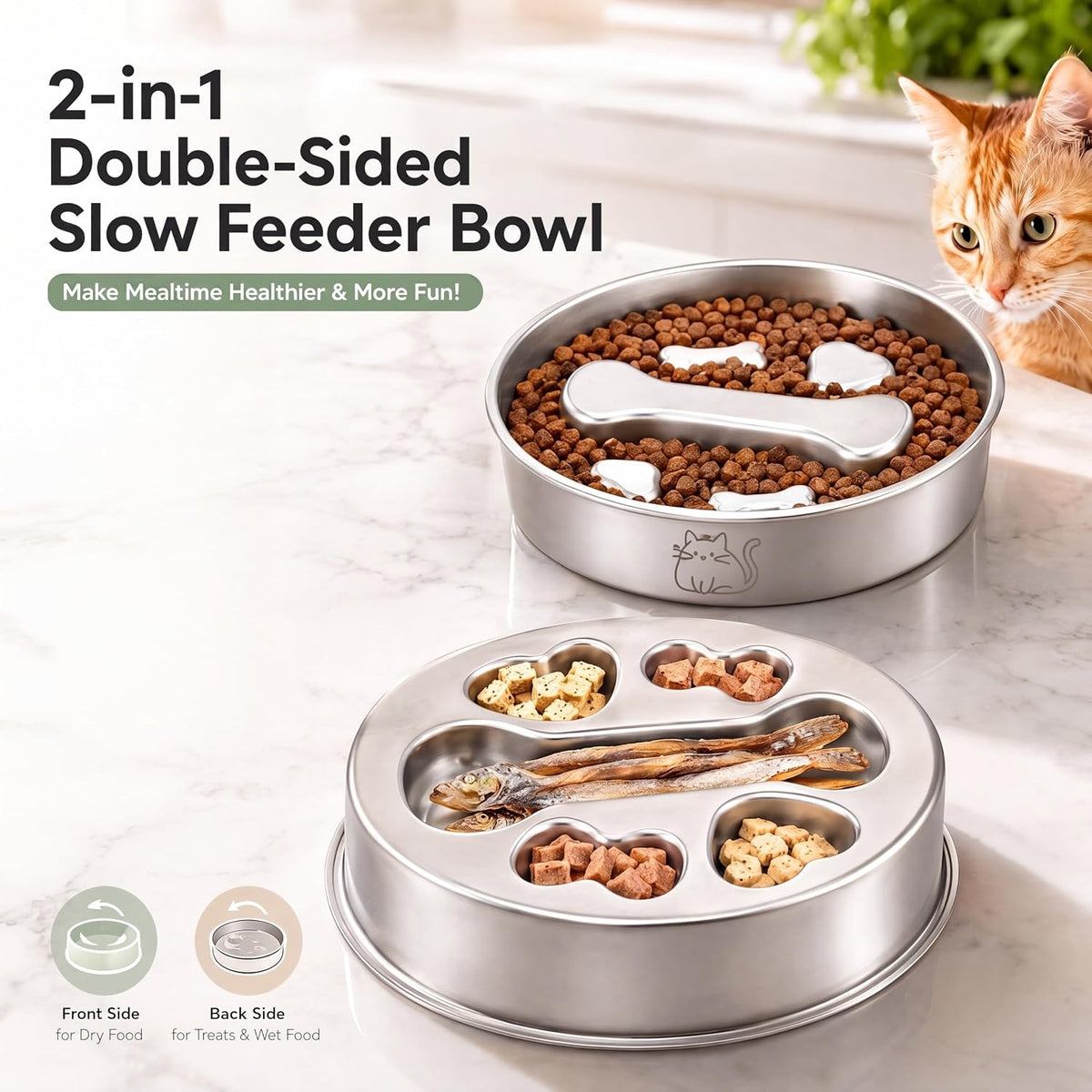 Stainless Steel 2‑in‑1 Double‑Sided Slow Feeder Cat Bowl