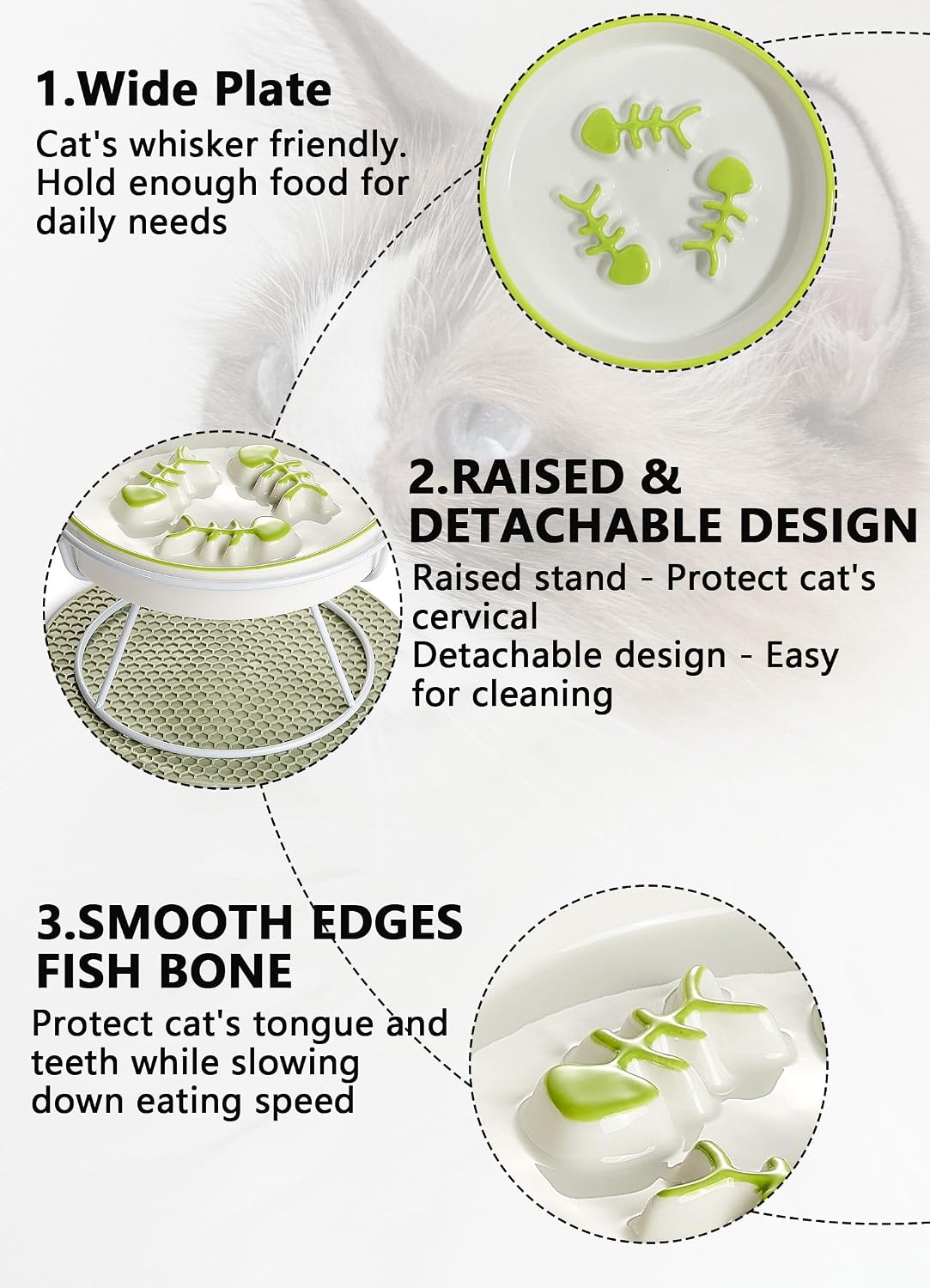 Ceramic Elevated Slow Feeder Cat Bowl, Anti Vomit, Removable Dish, Green