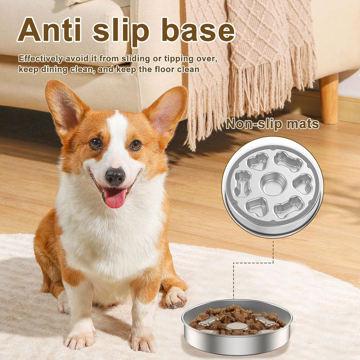 2 Pcs 304 Stainless Steel Slow Feeder Dog Bowls with Non-Slip Base 2.5 Cups