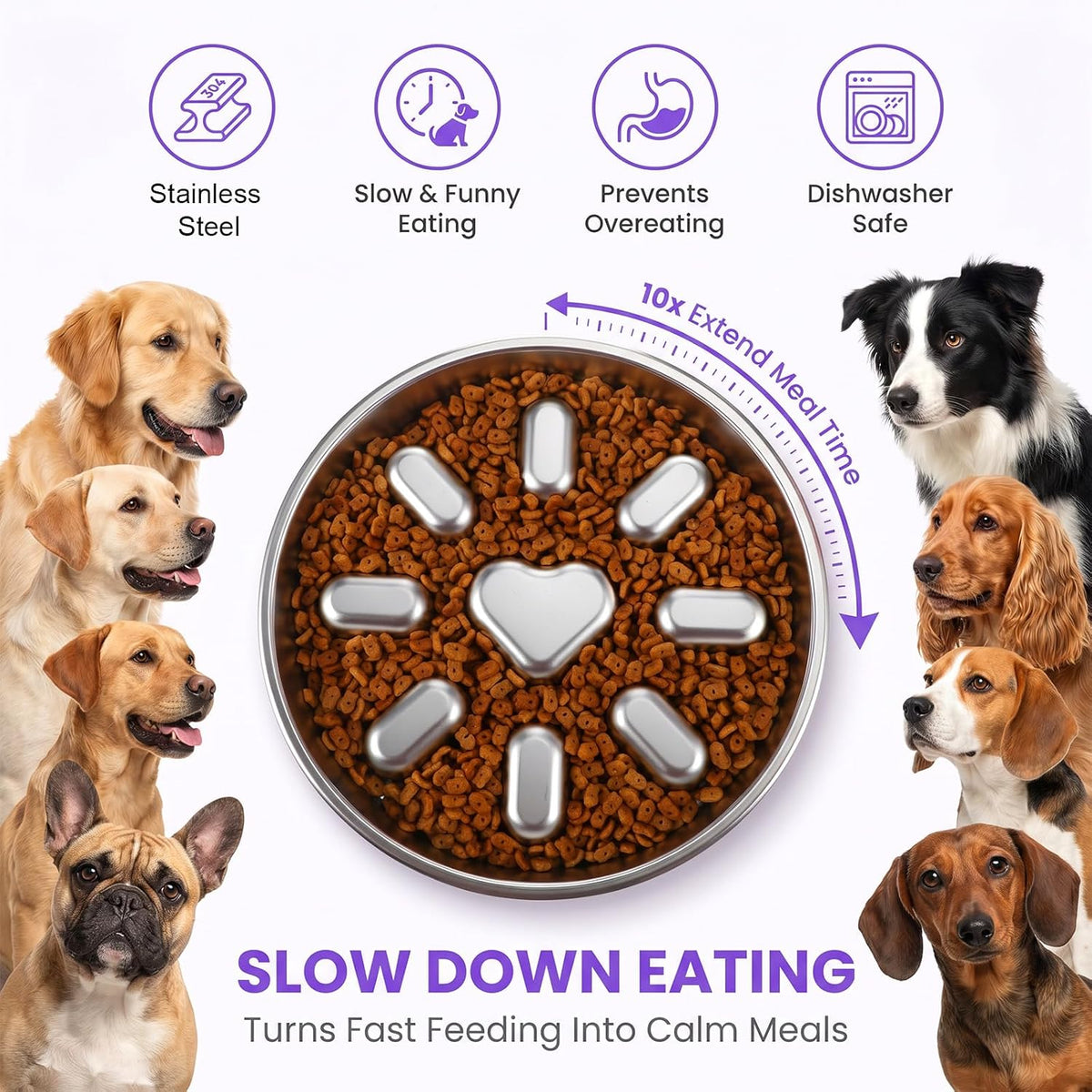 2 Pcs Stainless Steel Slow Feed Dog Bowl with Non-Slip Mat