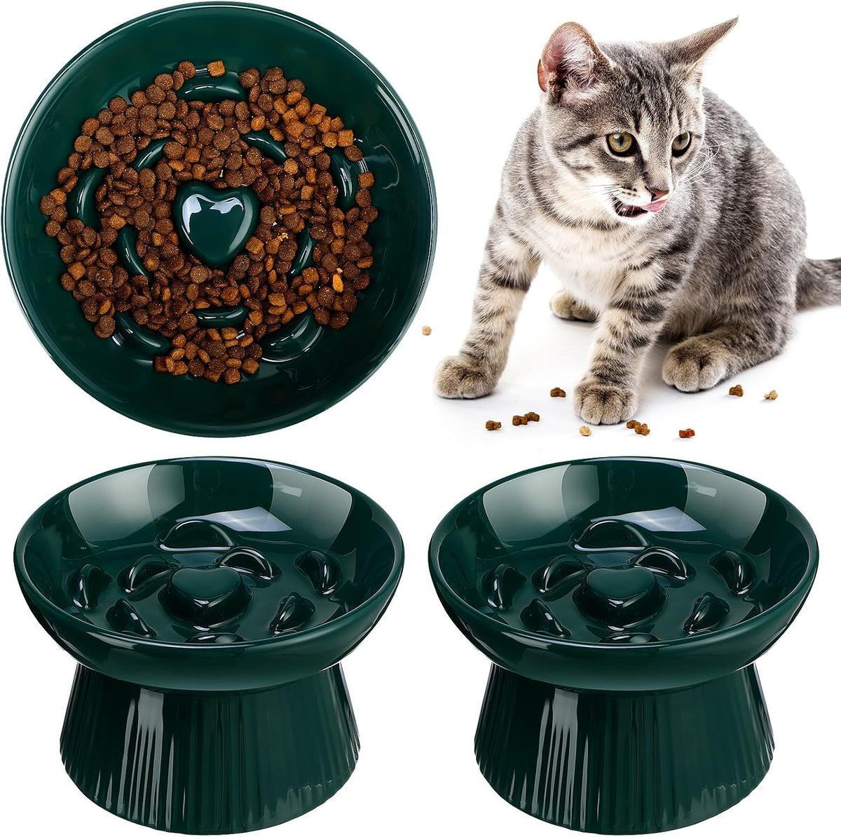 Tioncy 2 Pcs Ceramic Elevated Slow Feeder Cat Bowl, Dark Green
